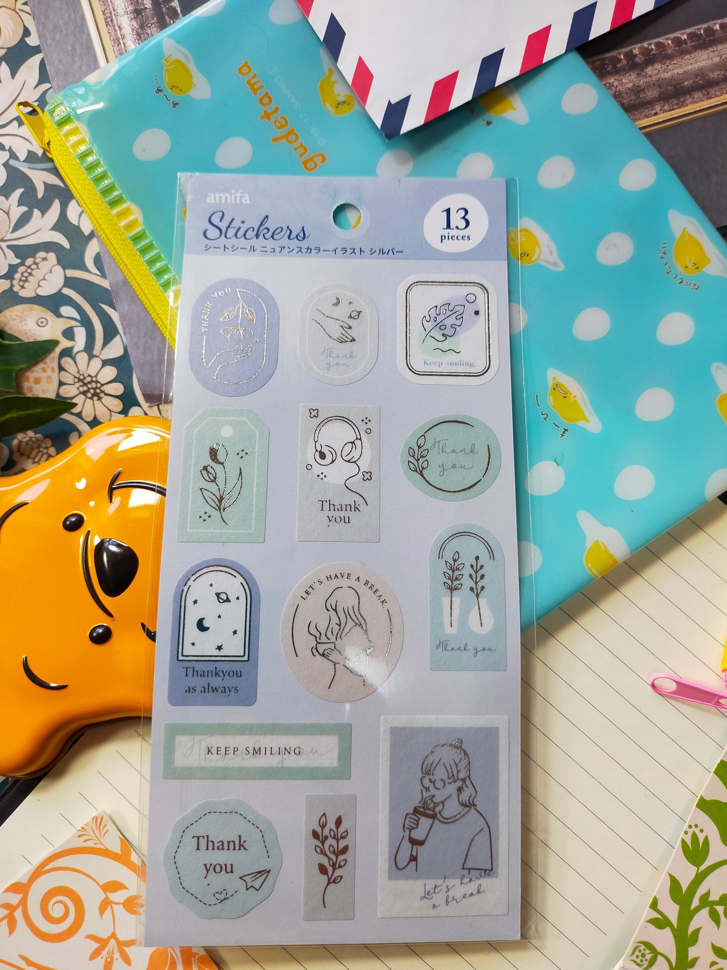 Stickers Sheet Stickers Nuance Color Illustration 13pcs, amifa _ Gold Pink / Silver Blue