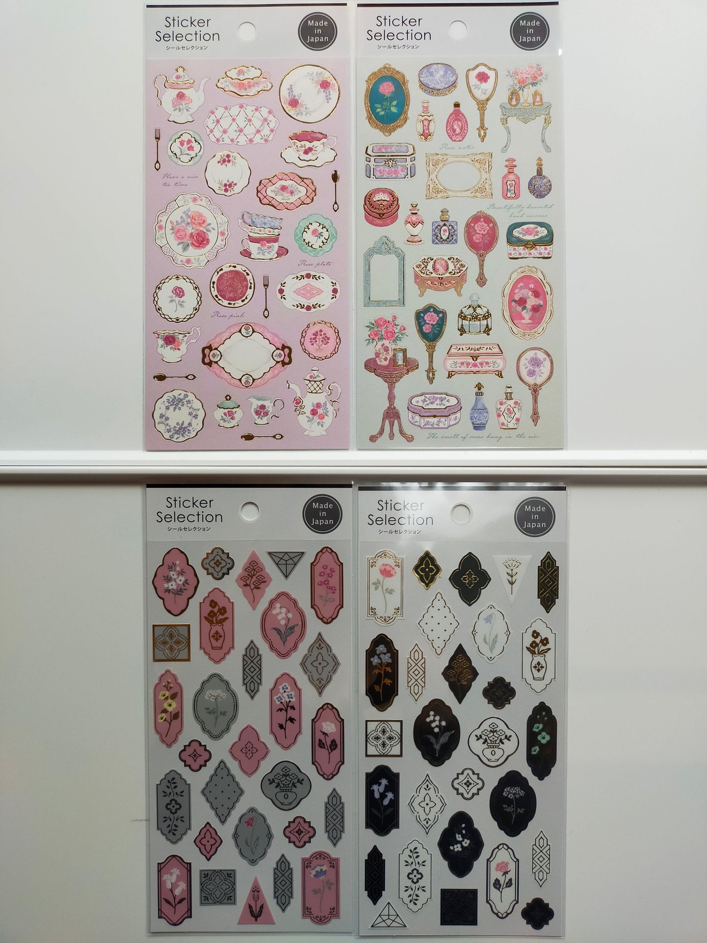 Sticker Selection Design Seals ,GAIA_ Pink Tea Time / Light Green Room / Drawing Flower Pink Grey / Drawing Flower White Black