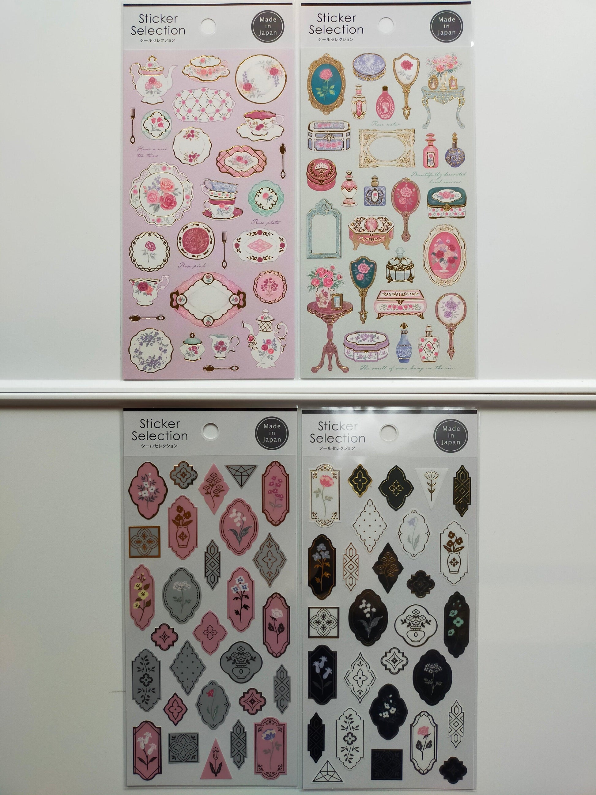 Sticker Selection Design Seals ,GAIA_ Pink Tea Time / Light Green Room / Drawing Flower Pink Grey / Drawing Flower White Black