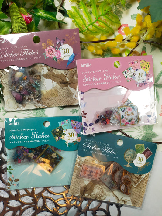 Sticker Flakes clear 10designs*3pieces,amifa_Red Bird / Pink Flower Label /Green Stamp /Deep Green Flower Label