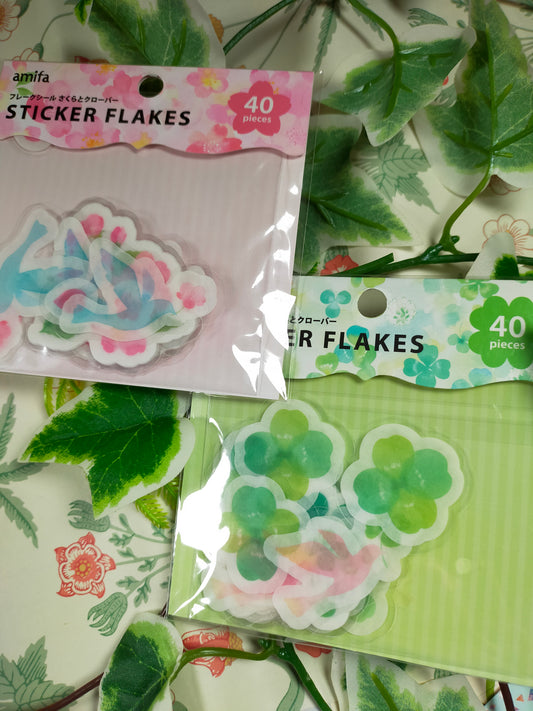 STICKER FLAKES Sakura and Clover 10designs*4pieces, amifa_ Pink / Green