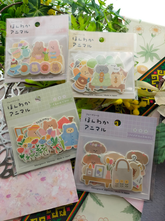 Flake Sticker Heartwarming Life Animals 8designs*4pieces,GAIA _Pink / Yellow / Green / Purple