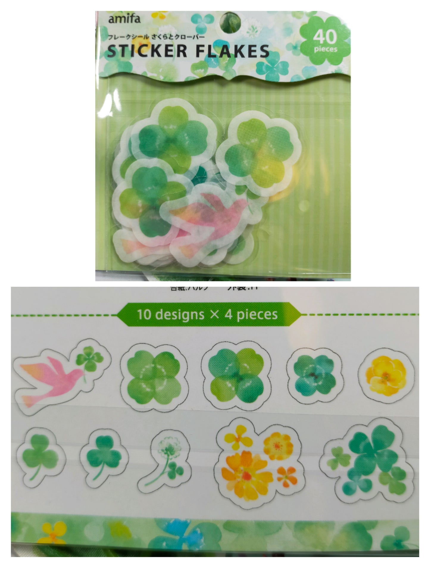 STICKER FLAKES Sakura and Clover 10designs*4pieces, amifa_ Pink / Green