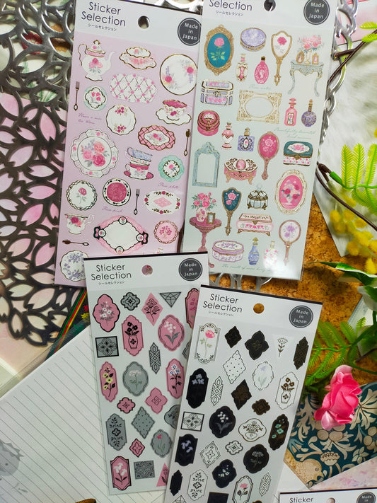Sticker Selection Design Seals ,GAIA_ Pink Tea Time / Light Green Room / Drawing Flower Pink Grey / Drawing Flower White Black