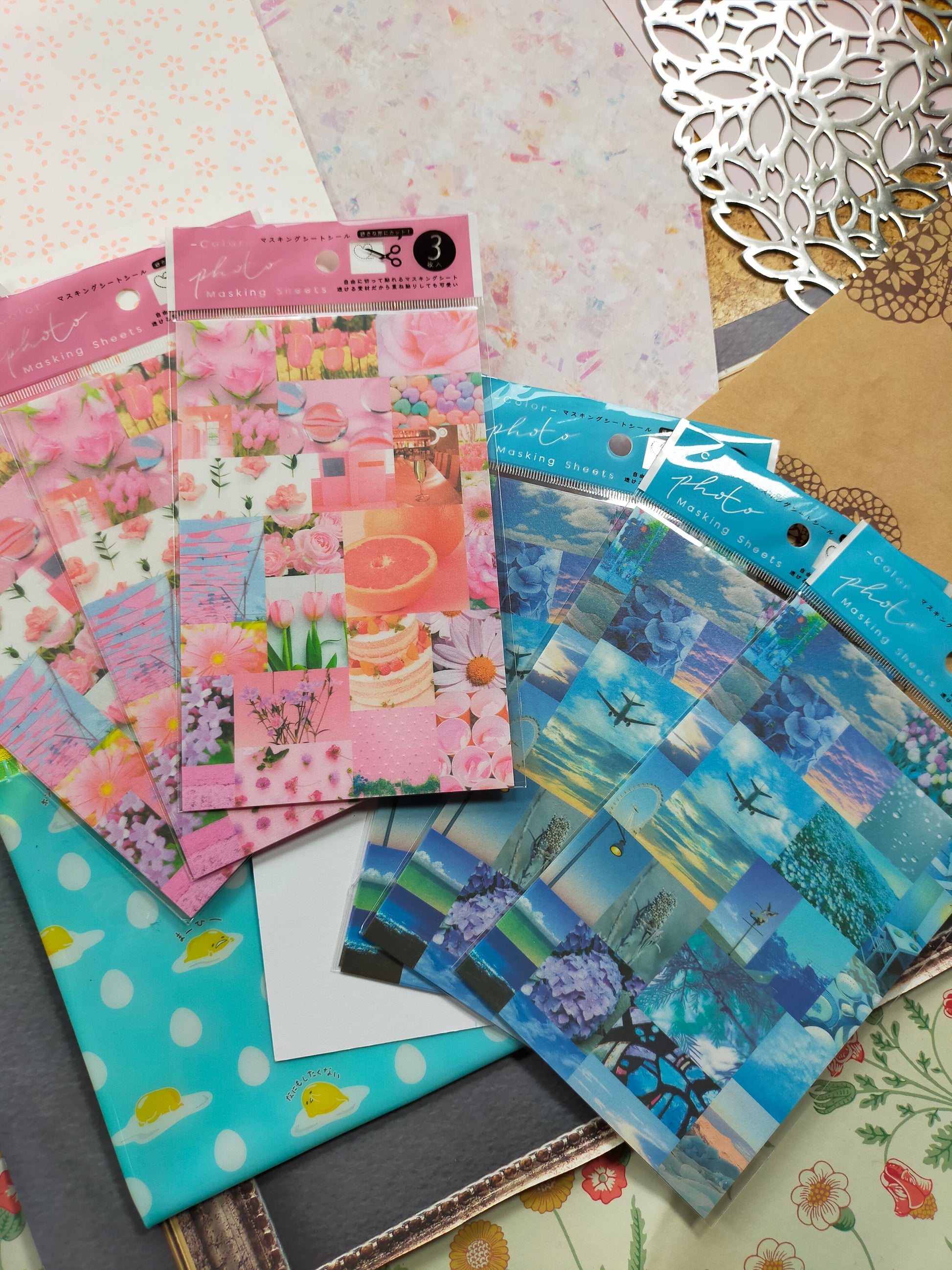 Color photo masking sheet sticker 3sheets, OKINI _ Pink / Blue