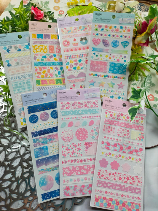 Glitter masking stickers, LOUJENE_ Nordic / Bear Sweets /Jewel Stars / Zodiac Stars / Light Purple Cherry Blossom / Pink Cherry Blossom