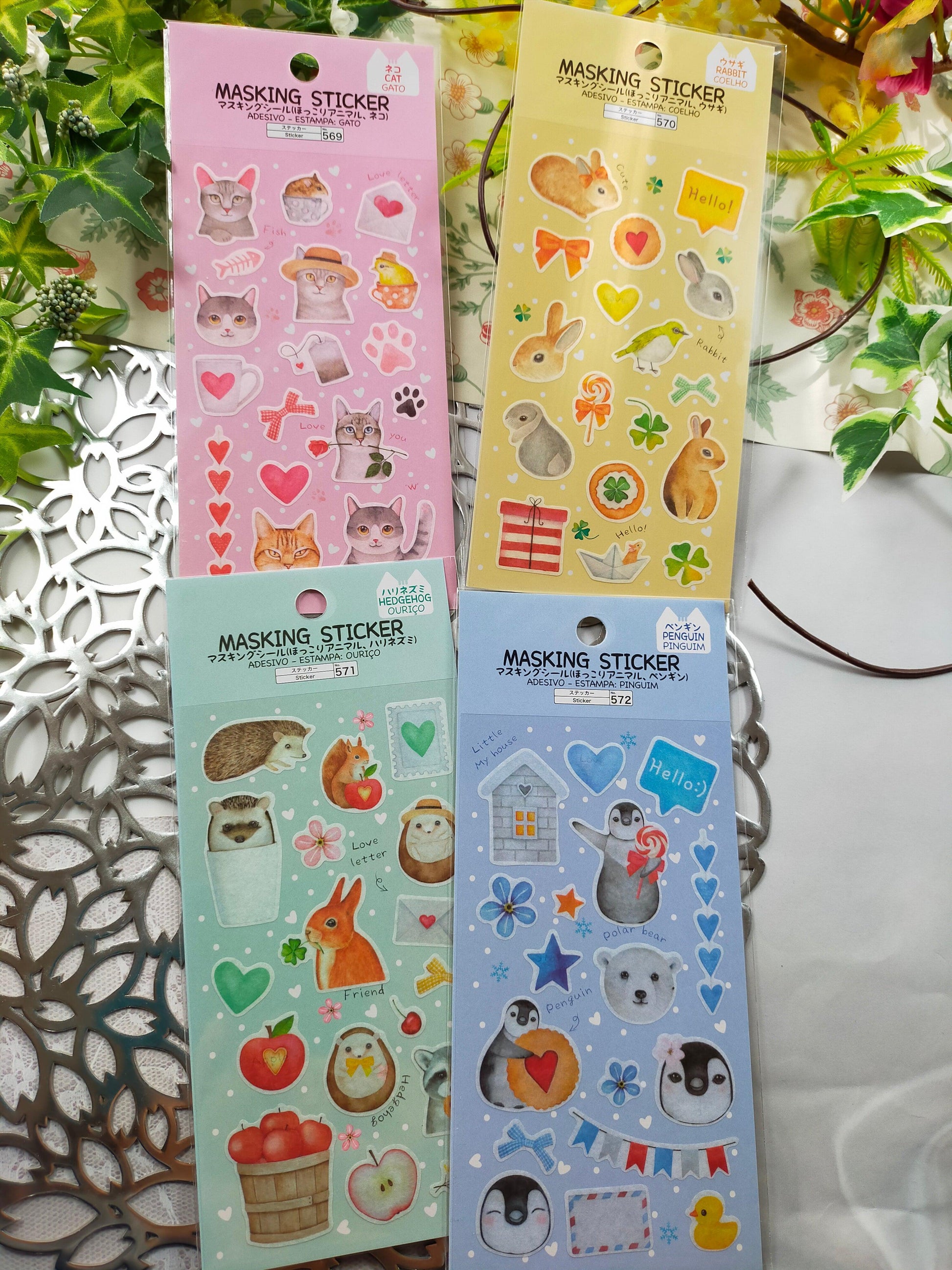 Masking Sticker Hokkori Animal,daiso sticker_Cat Pink /Rabbit Yellow  /Hedgehog Green /Penguin Blue