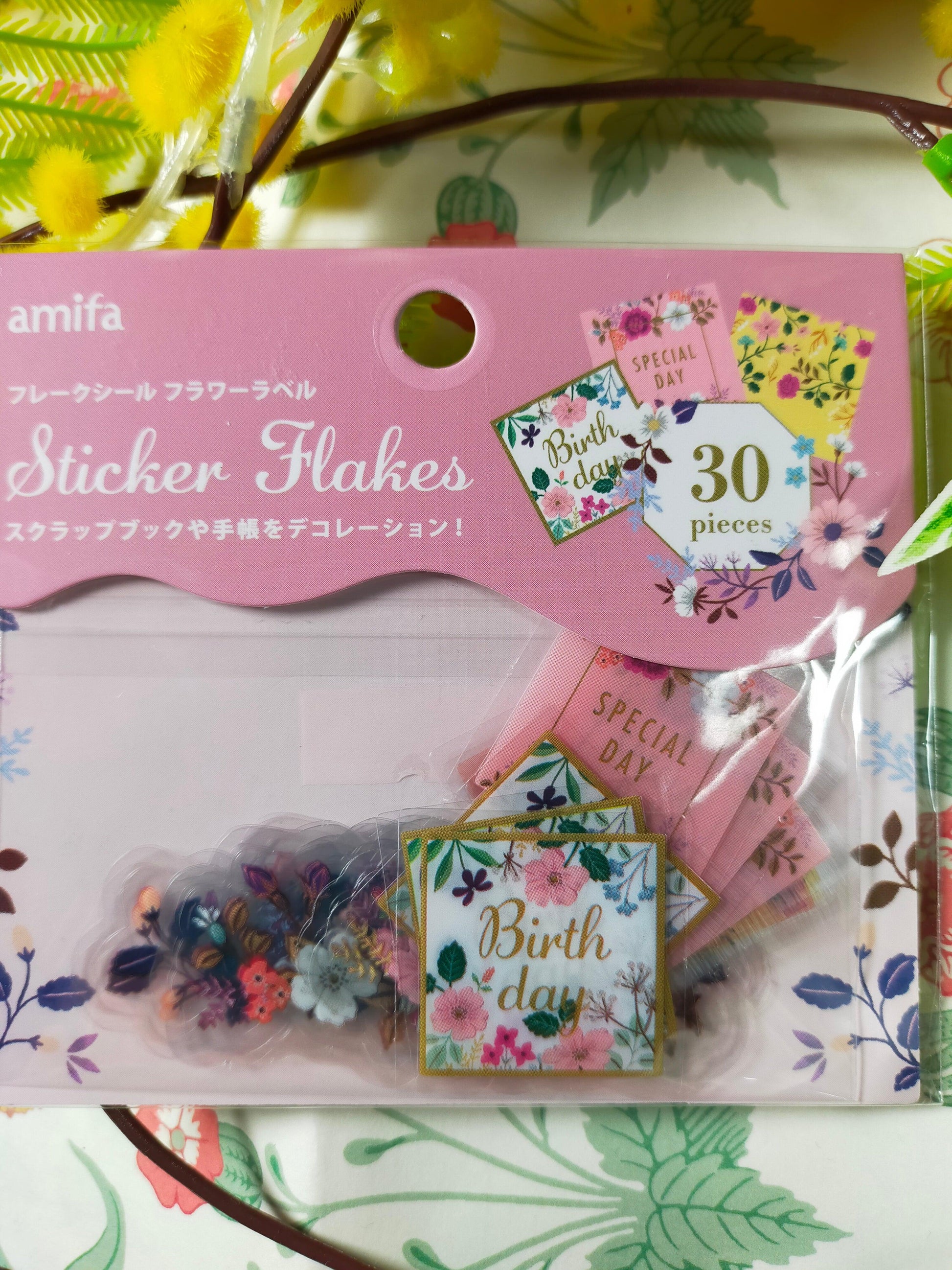 Sticker Flakes clear 10designs*3pieces,amifa_Red Bird / Pink Flower Label /Green Stamp /Deep Green Flower Label