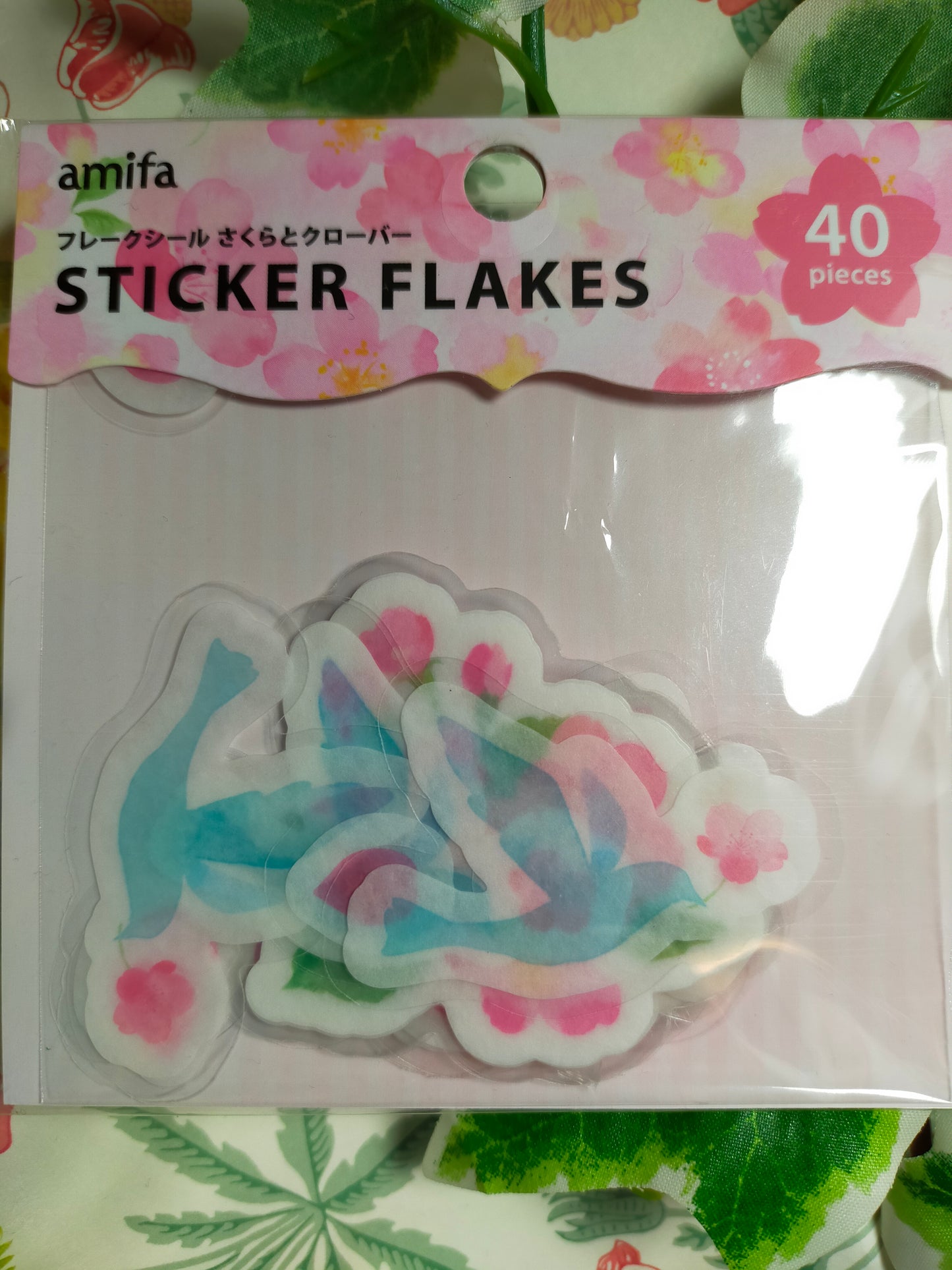 STICKER FLAKES Sakura and Clover 10designs*4pieces, amifa_ Pink / Green