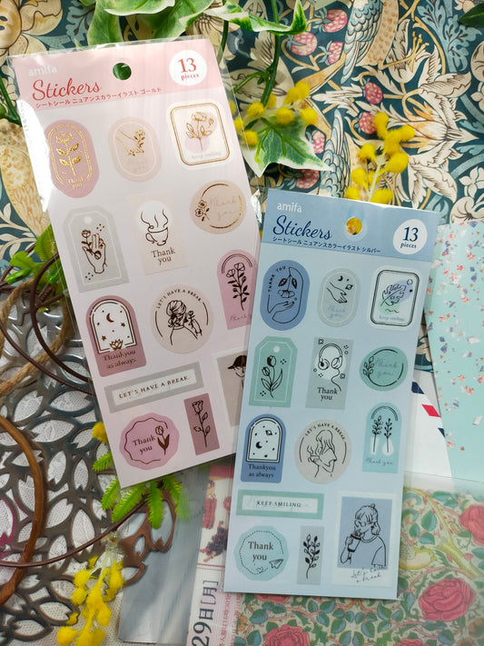Stickers Sheet Stickers Nuance Color Illustration 13pcs, amifa _ Gold Pink / Silver Blue
