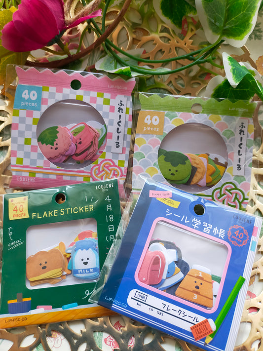 FLAKE STICKER Japanese Culture , LOUJENE_ Wagashi Pink / Wagashi Green / School Lunch / School Tools